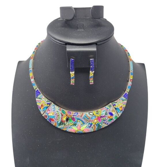 Artisan 925 Sterling Silver Multicolor Micro Mosaic Choker Necklace Earring Set